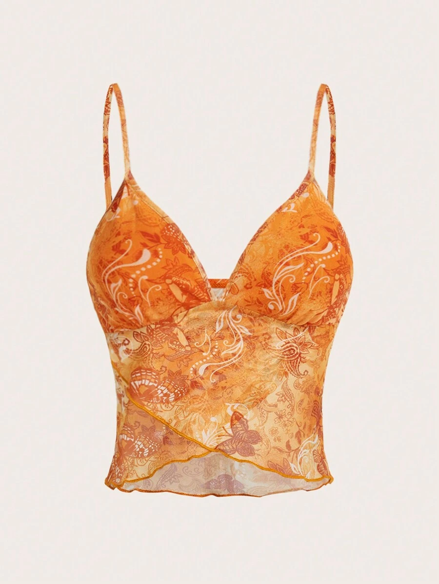 SHEIN ICON 女士花卉印花无袖休闲背心,夏季 - 橘色 - 查看 1