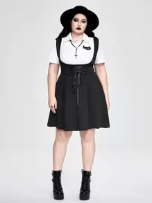 ROMWE Academia Plus Size Cat Embroidery Patchwork Shirt Dress, 2-Piece Look - Black and White - View 6