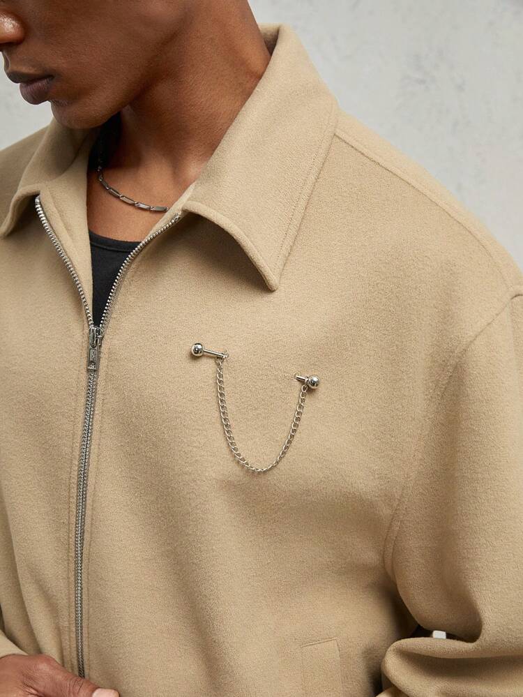 Men's Loose Fit Turndown Collar Zip Up Woolen Jacket, Khaki With Metal Chain Decor, Suitable For Fall And Winter