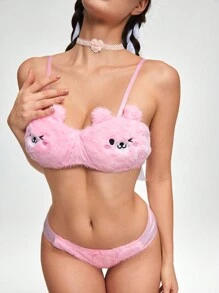 ROMWE Kawaii Women's Cute Plush Bear Wireless Bra Set, Kawaii