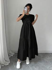 Calvaya Short Sleeve Ruffled Hem Puff Sleeve Solid Color Summer Dress Maxi Women Outfit