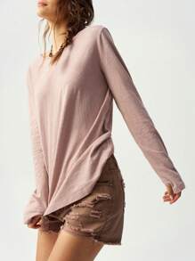 Bohemela Effen kleur ronde hals lange mouw maxi T-shirt voor dames