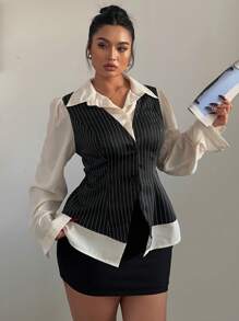 Flirla Plus Size Women's Button-Down Striped Shirt - Black and White - View 1