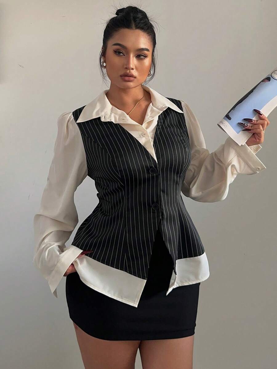 Flirla Plus Size Women's Button-Down Striped Shirt - Black and White - View 1