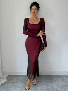 Chiquease 2024 Autumn Winter New Net Mesh Mermaid Dress - Red - View 8