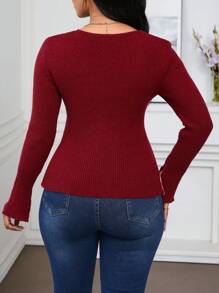SHEIN Lady Autumn And Winter Work White & Deep Red Knitted Deep V Neck Long Sleeve Women Sweaters