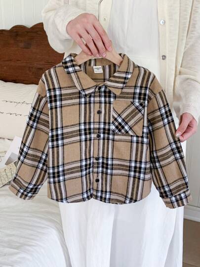 SHEIN Leap Crew 1 件休闲年轻男孩韩版翻领格子衬衫，适合秋冬季日常穿着、上学和旅行