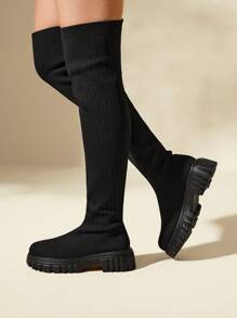 CUCCOO BASICS Women Shoes Minimalist Knit Detail Thick Sole Black Over Knee Boots Vacation Shoes Summer Back To School Shoes College Student Shoes Spring Shoes Spring Break Easter