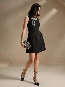 Anewsta Vestido negro de línea A sin mangas con lazo bordado elegante