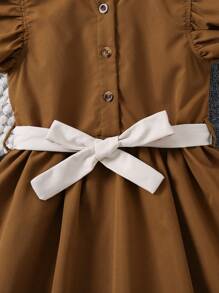 SHEIN Elladie kids 年轻女孩荷叶边蝴蝶结装饰休闲连衣裙，适合 4-7 岁女孩，外出、聚会、旅行、时尚经典 - 棕色 - 查看 3