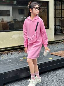 SHEIN Girls Oversized Hoodie Dress, Casual American College Style Pullover Sweatshirt With Backpack Decoration, Autumn