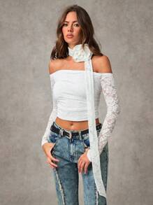 SHEIN BAE Áo ren trang trí hoa chắp vá màu trơn dành cho nữ - trắng - Xem 6
