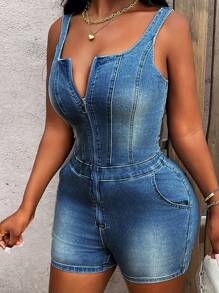 SHEIN Slayr Bộ đồ liền thân denim bó sát cổ tròn không tay cho nữ, sang trọng và thanh lịch - Rửa nhẹ - Xem 7