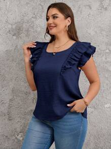 SHEIN Clasi Plus Size Square Neckline Backless Cap Sleeve Bow Decor Casual Blouse - Navy Blue - View 4