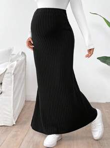 SHEIN Maternity Casual Solid Side Slit Skirt, Spring/Autumn - Black - View 4
