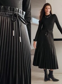 MOTF STUDIO PU 皮革纸袋抽绳腰褶裙