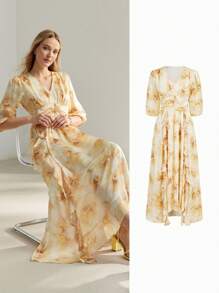 MOTF PREMIUM ALLOVER FLORAL PRINT V-NECK LANTERN SLEEVE RUCHED WAIST DRESS - Yellow - View 10