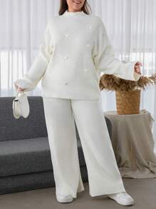 EURMUSE Plus Size Women Sweater With Pearl Detailed And Knit Pant, For Winter - White - View 3