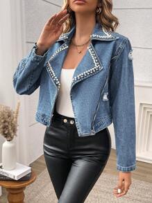 SHEIN Essnce Women's Turn-Down Collar Rhinestone Decor Long Sleeve Denim Jacket - Light Wash - View 4