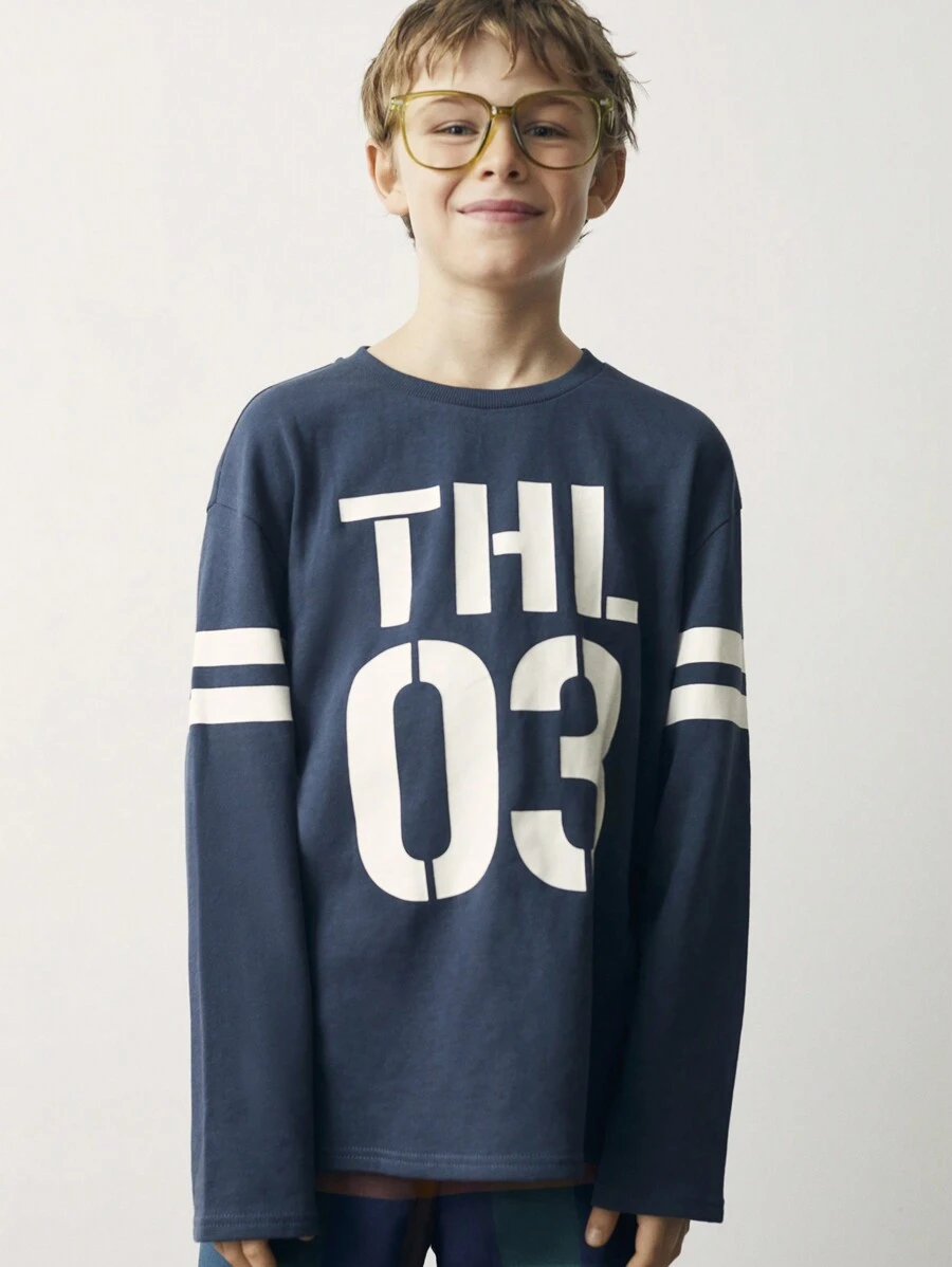 SHEIN Tween Boys White Letter Print Blue Round Neck Long Sleeve Knit Casual Sports Outdoor Hoodie, School/College Style, Back To School, Autumn/Winter - Blue - View 1