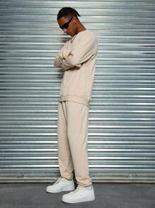 3pcs Men's Vintage Casual Outfits Set: Olive Fleece Vest, Khaki Crew Neck Sweatshirt And Pants, Autumn Winter