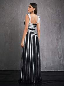 Mgiacy Women's Spaghetti Strap Ruffle Collar Striped Mesh High-End Evening Dress Party Dress Wedding Guest Dress Prom Dress