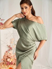 SHEIN Belle Elegant Green Satin Fabric Asymmetric Neck Micro Mermaid Hem Overlap Slits Wedding Event Formal Bridesmaid Dresses - Green - View 2