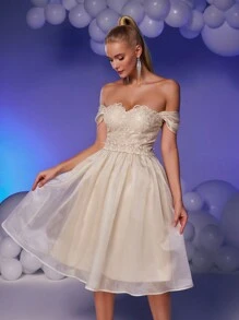 SHEIN Belle Women's White Off-Shoulder Sequin Lace Patchwork Shiny Mesh Ruffle Decor High-Waist A-Line Princess Bridal Gown,Elegant Prom Semi Formal Party Dress - Apricot - View 4