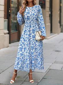 SHEIN Clasi Robe à manches longues col rond avec fleurs éparpillées pour femmes - Bleu et Blanc - Voir 6