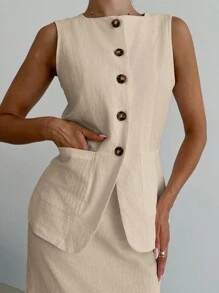 SHEIN Privé Women's Summer Casual Elegant Resort Linen Button Decorated Vest And High Waisted Skirt 2pcs Set - Apricot - View 2