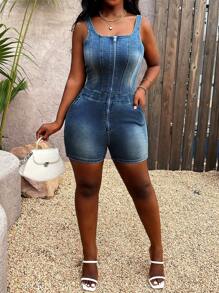 SHEIN Slayr Bộ đồ liền thân denim bó sát cổ tròn không tay cho nữ, sang trọng và thanh lịch - Rửa nhẹ - Xem 5