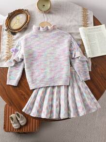 2 件套少女渐变色荷叶边下摆毛衣和百褶裙套装，2024 年秋冬新品 - 彩色 - 查看 2