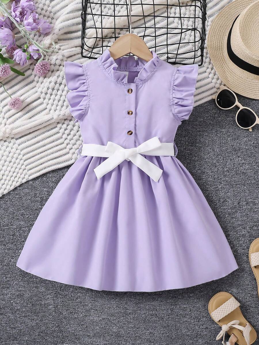 SHEIN Váy thường ngày bèo nhún và nơ màu tím cho bé gái, phù hợp cho bé từ 4-7 tuổi, thời trang cổ điển cho hoạt động ngoài trời, tiệc tùng, du lịch - Màu tím - Xem 1