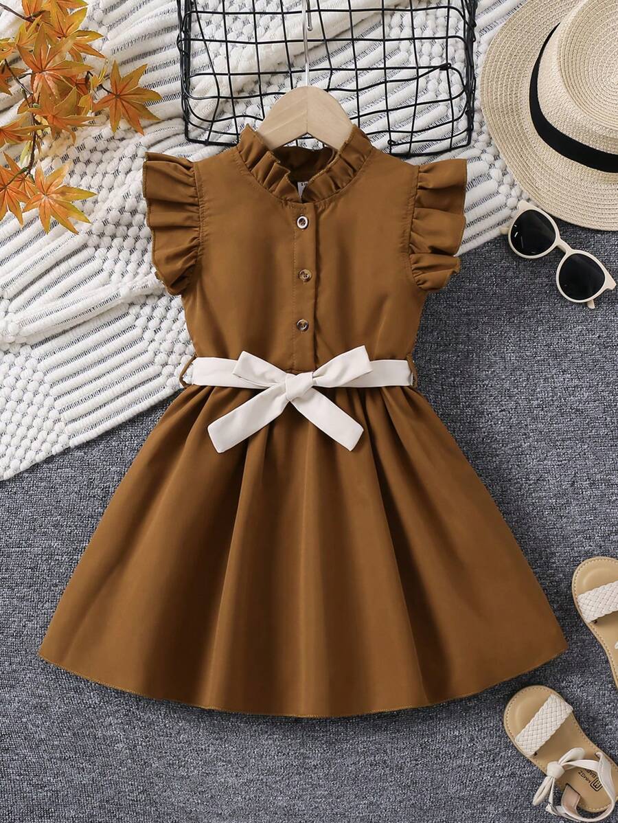 SHEIN Elladie kids 年轻女孩荷叶边蝴蝶结装饰休闲连衣裙,适合 4-7 岁女孩,外出、聚会、旅行、时尚经典 - 棕色 - 查看 1
