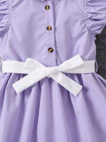 SHEIN Váy thường ngày bèo nhún và nơ màu tím cho bé gái, phù hợp cho bé từ 4-7 tuổi, thời trang cổ điển cho hoạt động ngoài trời, tiệc tùng, du lịch - Màu tím - Xem 3