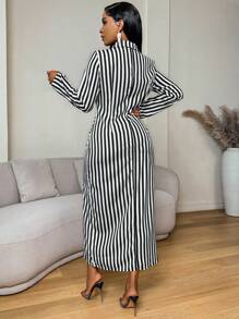 Zolique Vestido camisero de manga larga con botones en negro y blanco a rayas, para otoño, para maestras, de vuelta al trabajo, elegante vestido largo para mujer - Blanco y Negro - Ver 2