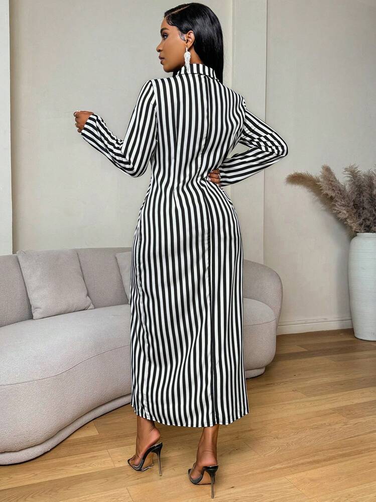 black white striped long sleeve dress & Knit Mini Black & White / 10 and hidden zipper add a chic touch Michael Kors Collection Striped Silk