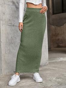 Muchica 黑色中长裙 生菜边饰罗纹针织半身裙 - 橄欖綠 - 查看 3