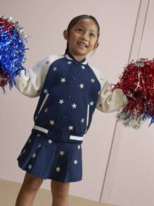 Maija Kids Maija Kids Young Girls Blue Star Embroidered Pleated Woven A-Line Skirt, Casual College Style For Everyday Wear, Autumn/Winter - Blue - View 1