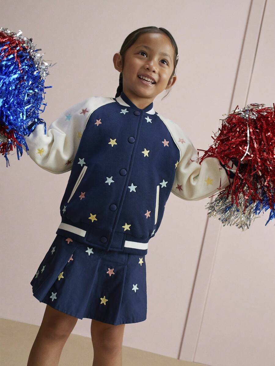 Maija Kids Maija Kids Young Girls Blue Star Embroidered Pleated Woven A-Line Skirt, Casual College Style For Everyday Wear, Autumn/Winter - Blue - View 1