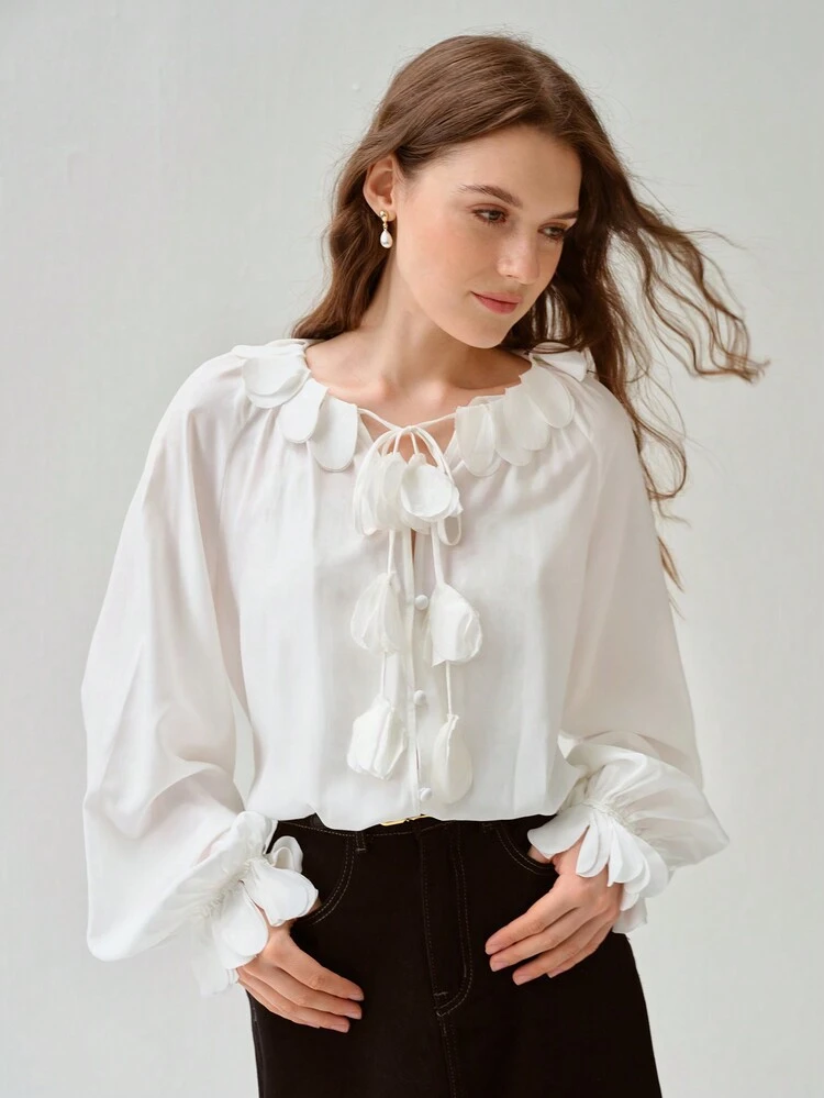 Fall Winter Women's Solid Color Front Tie Decor Elegant Floral String Long Sleeve Blouse,White Top,V Neck Top,Winter Top,Fall Winter  Women's Clothing