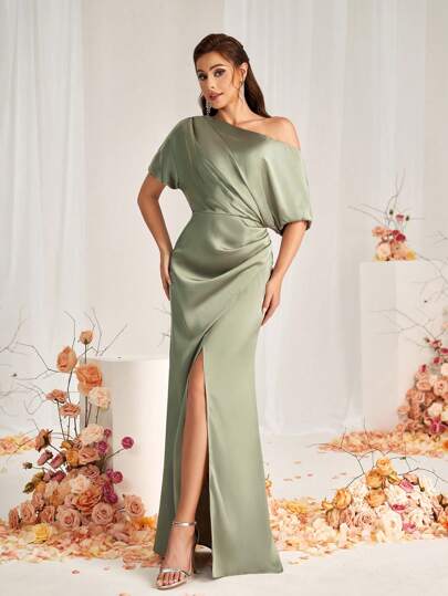 SHEIN Belle Elegant Green Satin Fabric Asymmetric Neck Micro Mermaid Hem Overlap Slits Wedding Event Formal Bridesmaid Dresses