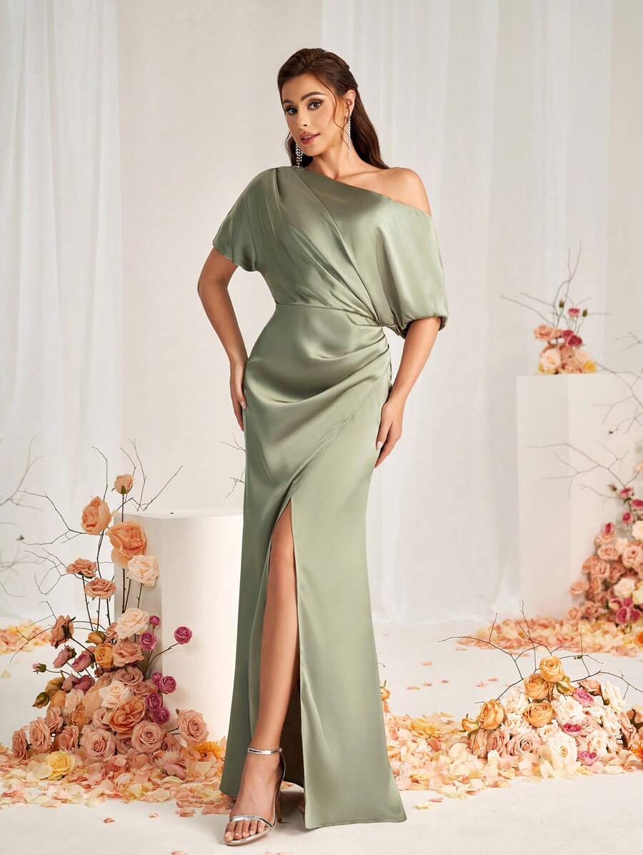 SHEIN Belle Elegant Green Satin Fabric Asymmetric Neck Micro Mermaid Hem Overlap Slits Wedding Event Formal Bridesmaid Dresses - Green - View 1