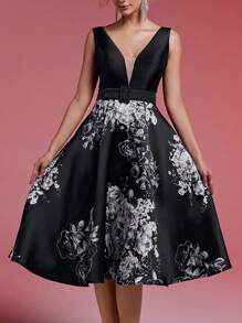SHEIN Belle Vestido elegante y deslumbrante para fiesta de noche, baile, Hallowen, fiesta formal y graduación. Con escote profundo en V, chaleco, mangas, cinturón y una falda extra amplia que destaca la cintura. En seda negra con grandes estampados florales. Para uso semiformal en cumpleaños, bodas, graduaciones