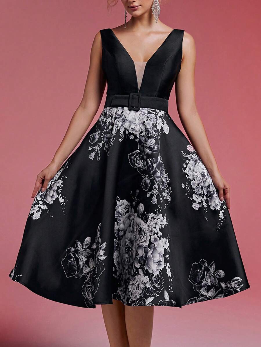 SHEIN Belle 优雅华丽的黑色缎子与大花卉印花深 V 领背心袖腰带装饰腰部突出腰线超大裙子晚会舞会万圣节正式舞会礼服、半正式礼服，适合生日、婚礼嘉宾、毕业返校节 - 黑與白 - 查看 1