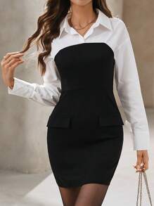 Calvaya Nouvelle arrivée automne et hiver 2024, vêtement de loisir et de bureau, robe élégante en blocs de couleurs noir et blanc, col chemise 2 en 1 avec demi-fermeture éclair, manches longues taille (coton confortable)