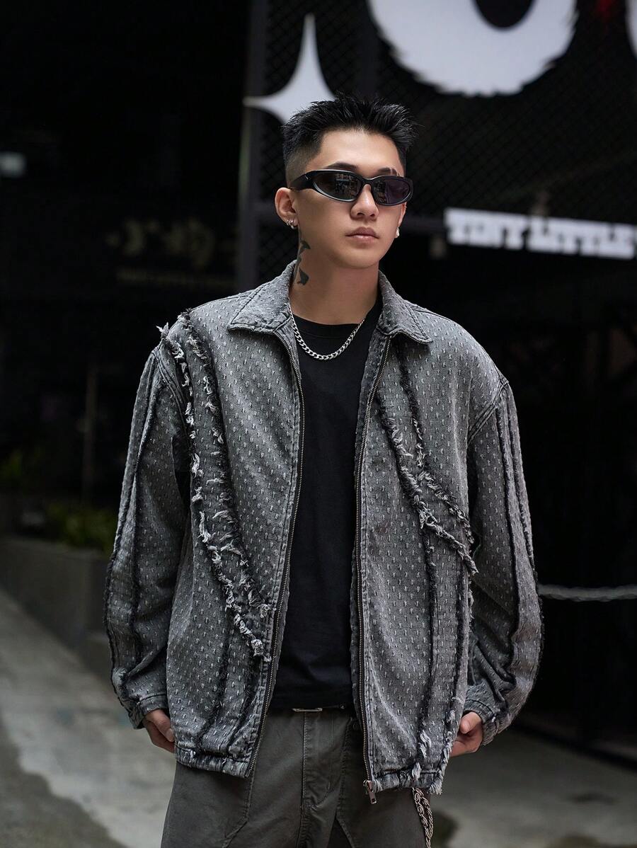 Manfinity Roghcode Men's Frayed Edge Zip-Up Long Sleeve Denim Shirt - Dark Grey - View 1