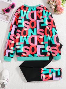 Sparklyn 2 件套青少年女孩时尚字母印花运动衫和紧身裤套装 - 綠色 - 查看 2