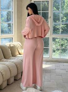 Flirla Plus Size Áo cổ lọ màu trơn không tay kèm áo khoác và quần có mũ trùm đầu - Hồng - Xem 6