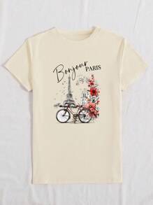 INAWLY 巴黎法国 T 恤，埃菲尔铁塔印花夏季休闲女式上衣 图案 T 恤女式上衣 - 杏色 - 查看 3